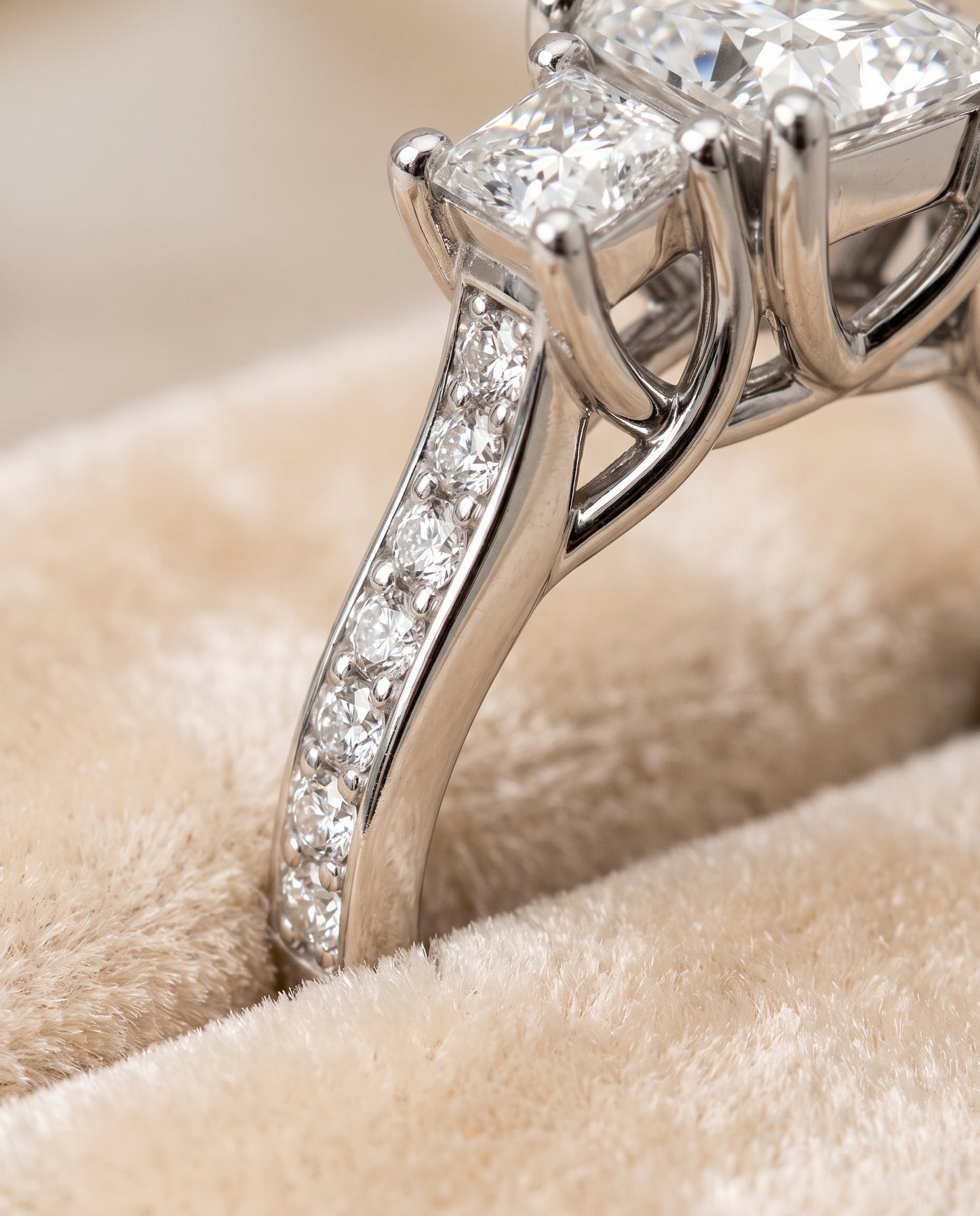 The Avery Channel Pavé Three Stone Princess Cut Engagement Ring Setting in Platinum