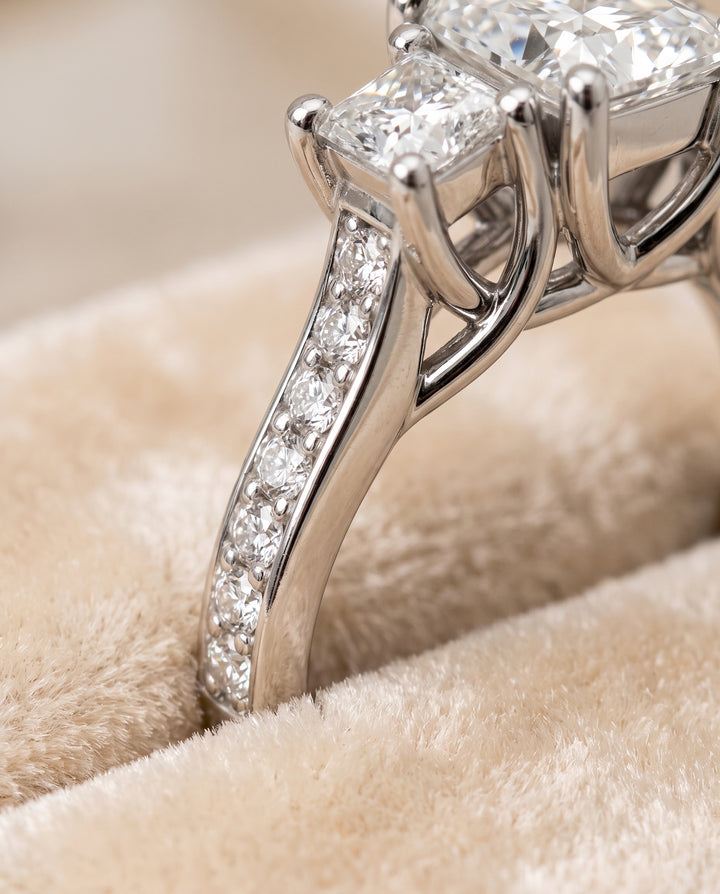 The Avery Channel Pavé Three Stone Princess Cut Engagement Ring Setting in Platinum
