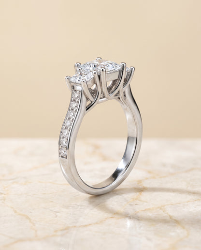 The Avery Channel Pavé Three Stone Princess Cut Engagement Ring Setting in Platinum
