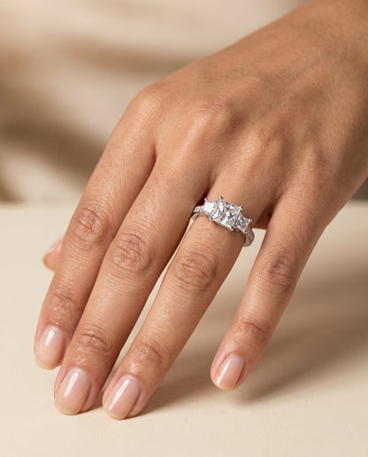 The Avery Channel Pavé Three Stone Princess Cut Engagement Ring Setting in Platinum
