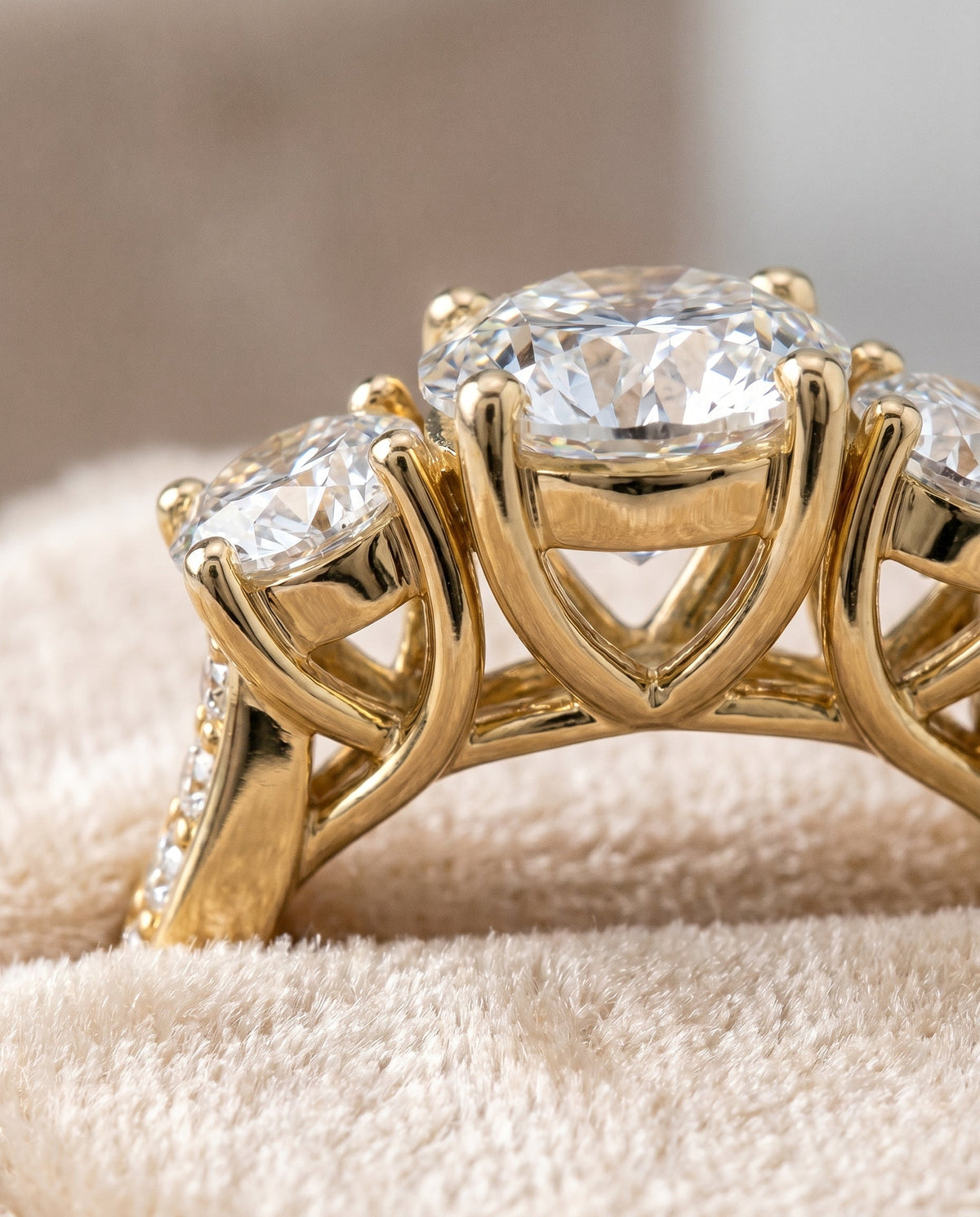 Avery Select Three Stone Round Lab Diamond Engagement Ring in 18K Yellow Gold, detail view | RockHer