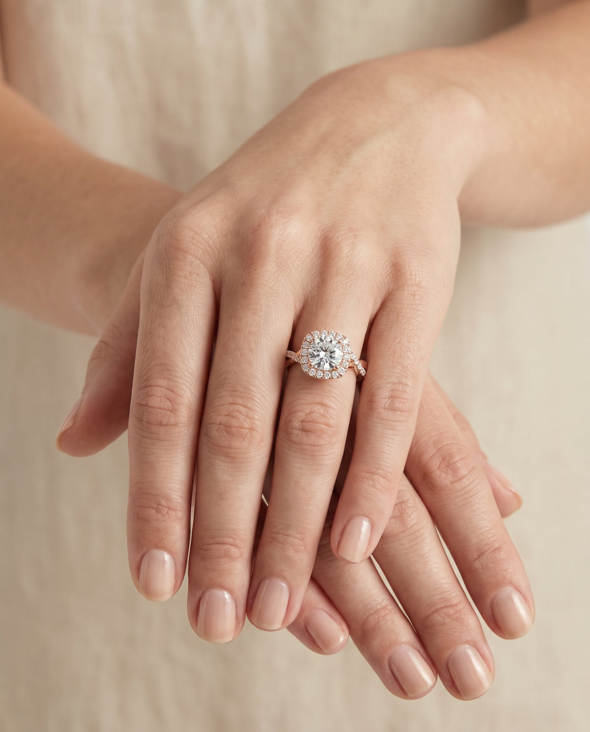 The Bell Bold Twist Pavé Halo Round Engagement Ring Setting in 14K Rose Gold