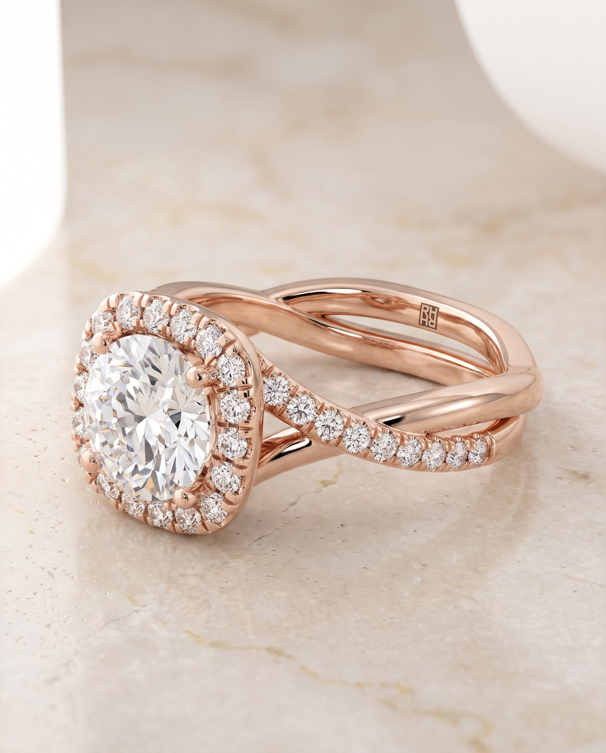 The Bell Bold Twist Pavé Halo Round Engagement Ring Setting in 14K Rose Gold