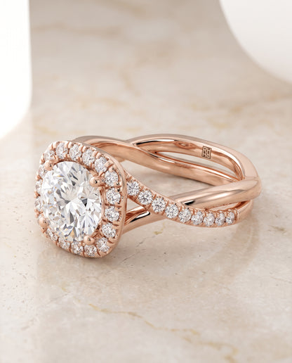 The Bell Bold Twist Pavé Halo Round Engagement Ring Setting in 14K Rose Gold
