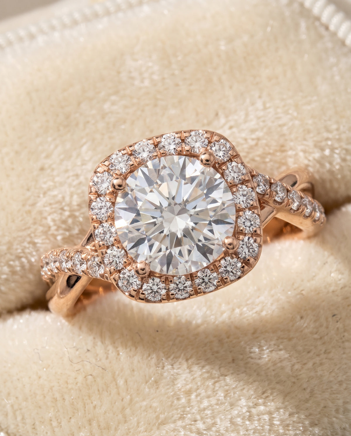 The Bell Bold Twist Pavé Halo Round Engagement Ring Setting in 14K Rose Gold