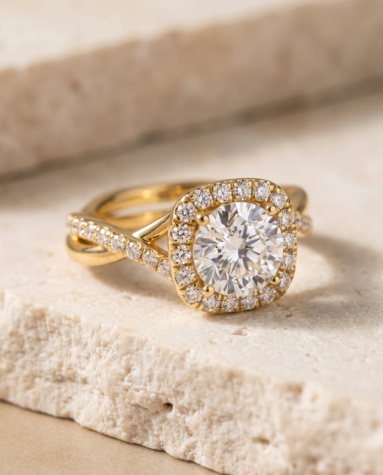The Bell Bold Twist Pavé Halo Round Engagement Ring Setting in 18K Yellow Gold