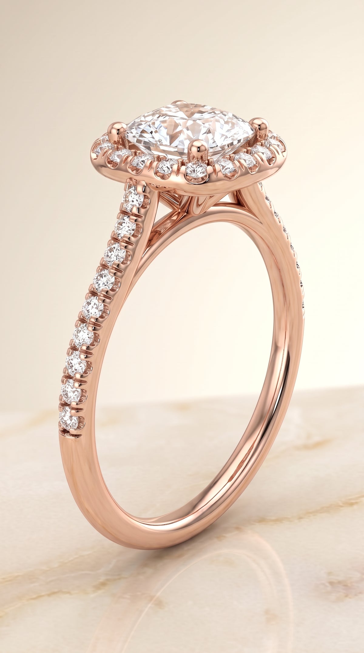 The Bianca Classic Prong Halo Cushion Cut Engagement Ring Setting in 14K Rose Gold