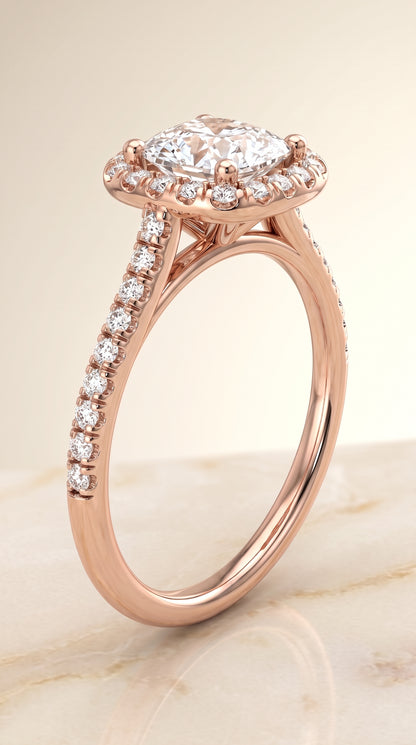 The Bianca Classic Prong Halo Cushion Cut Engagement Ring Setting in 14K Rose Gold