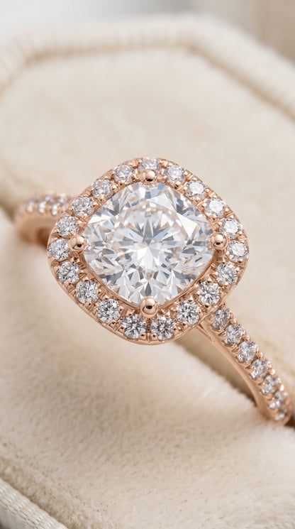 The Bianca Classic Prong Halo Cushion Cut Engagement Ring Setting in 14K Rose Gold