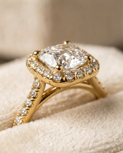 The Bianca Classic Prong Halo Cushion Cut Engagement Ring Setting in 18K Yellow Gold