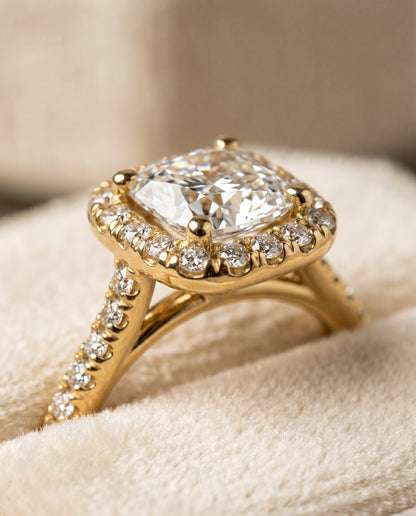 Bianca Select Halo Cushion Cut Lab Diamond Engagement Ring in 18K Yellow Gold, detail view | RockHer