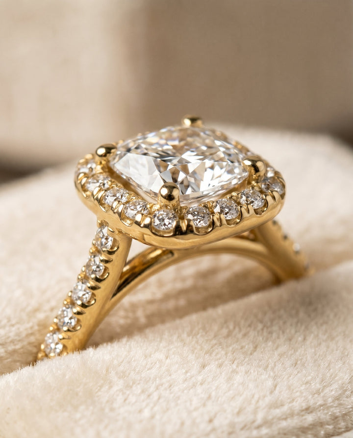 Bianca Select Halo Cushion Cut Lab Diamond Engagement Ring in 18K Yellow Gold, detail view | RockHer
