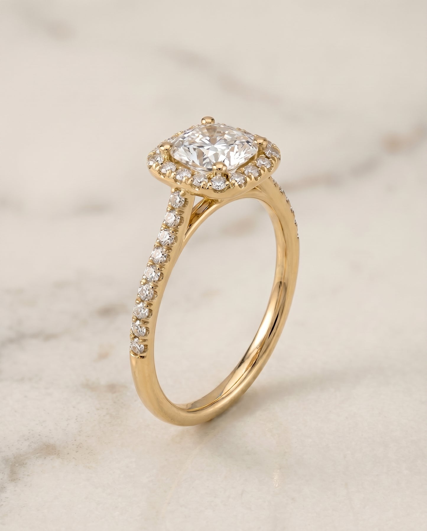 The Bianca Classic Prong Halo Cushion Cut Engagement Ring Setting in 18K Yellow Gold