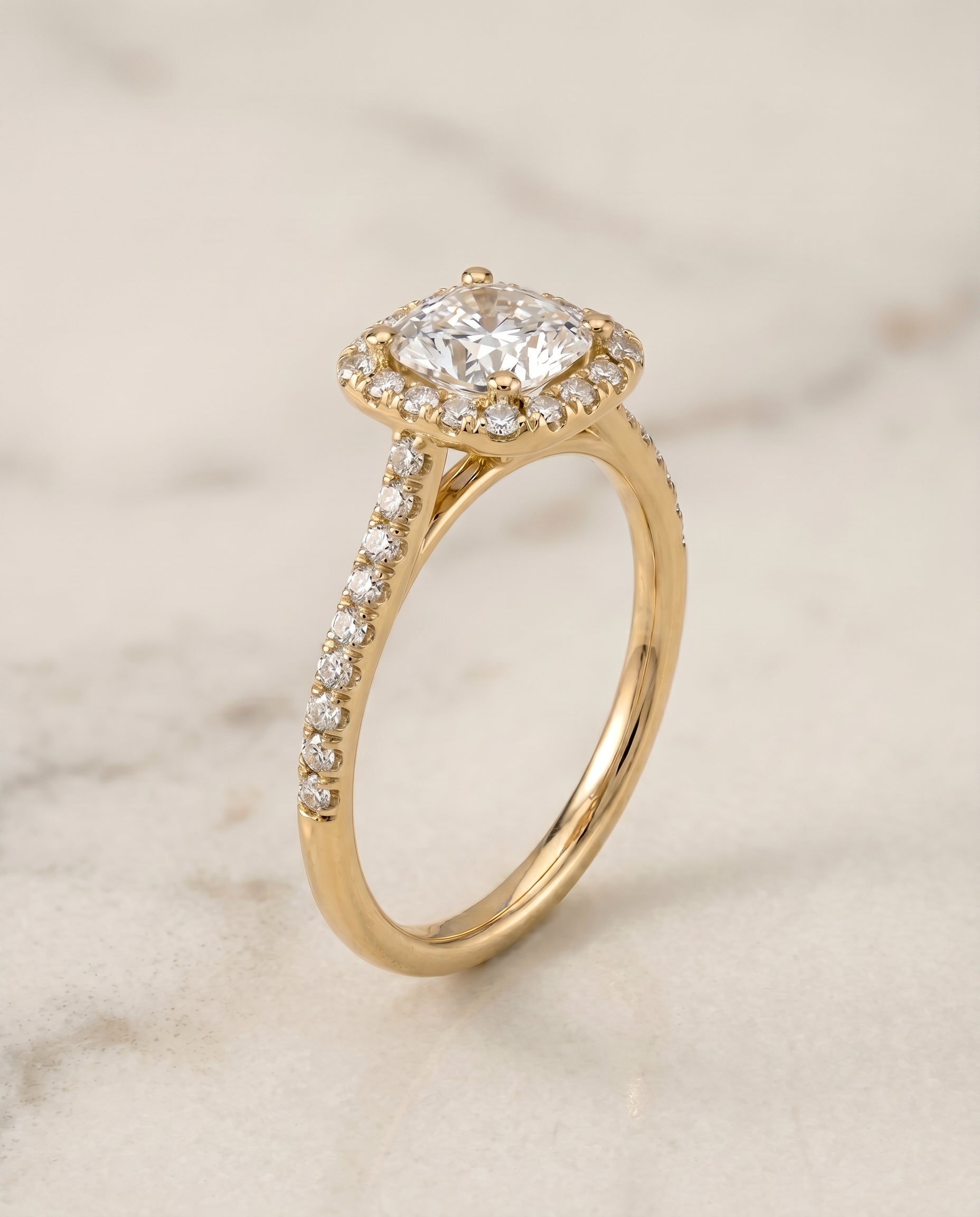 Classic Prong Halo Cut styling on The Bianca cushion engagement ring setting | RockHer