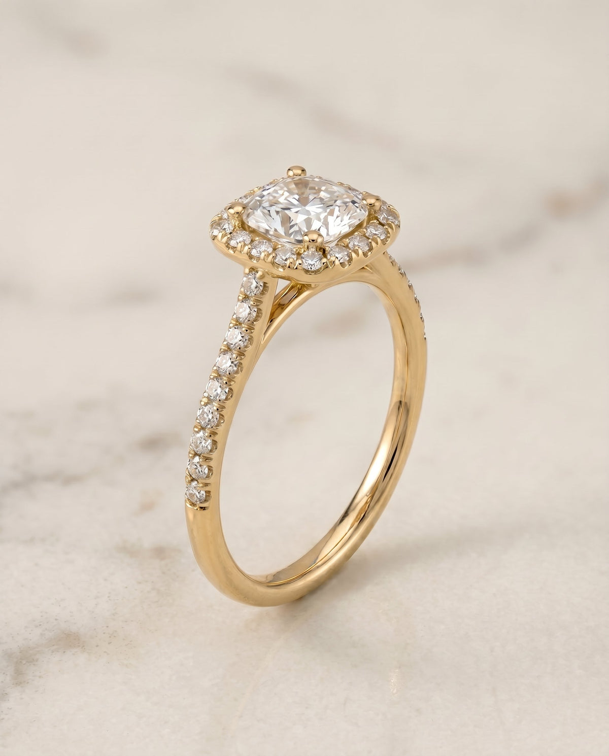Bianca Select Halo Cushion Cut Lab Diamond Engagement Ring in 18K Yellow Gold, front view | RockHer
