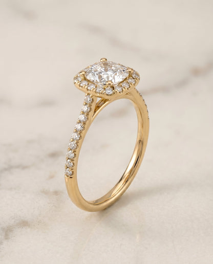 Bianca Select Halo Cushion Cut Lab Diamond Engagement Ring in 18K Yellow Gold, front view | RockHer