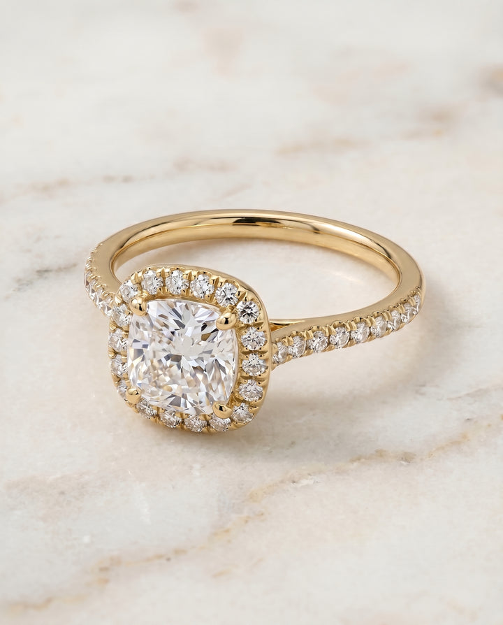 The Bianca Classic Prong Halo Cushion Cut Engagement Ring Setting in 18K Yellow Gold