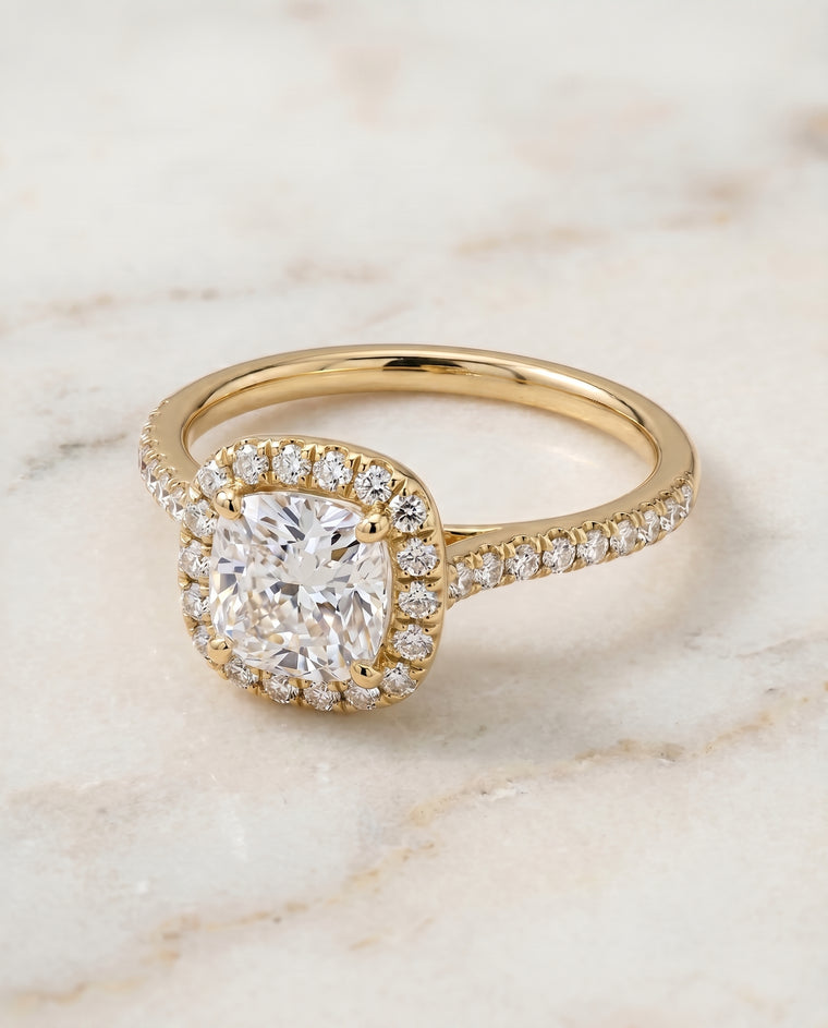 The Bianca Classic Prong Halo Cushion Cut Engagement Ring Setting in 18K Yellow Gold