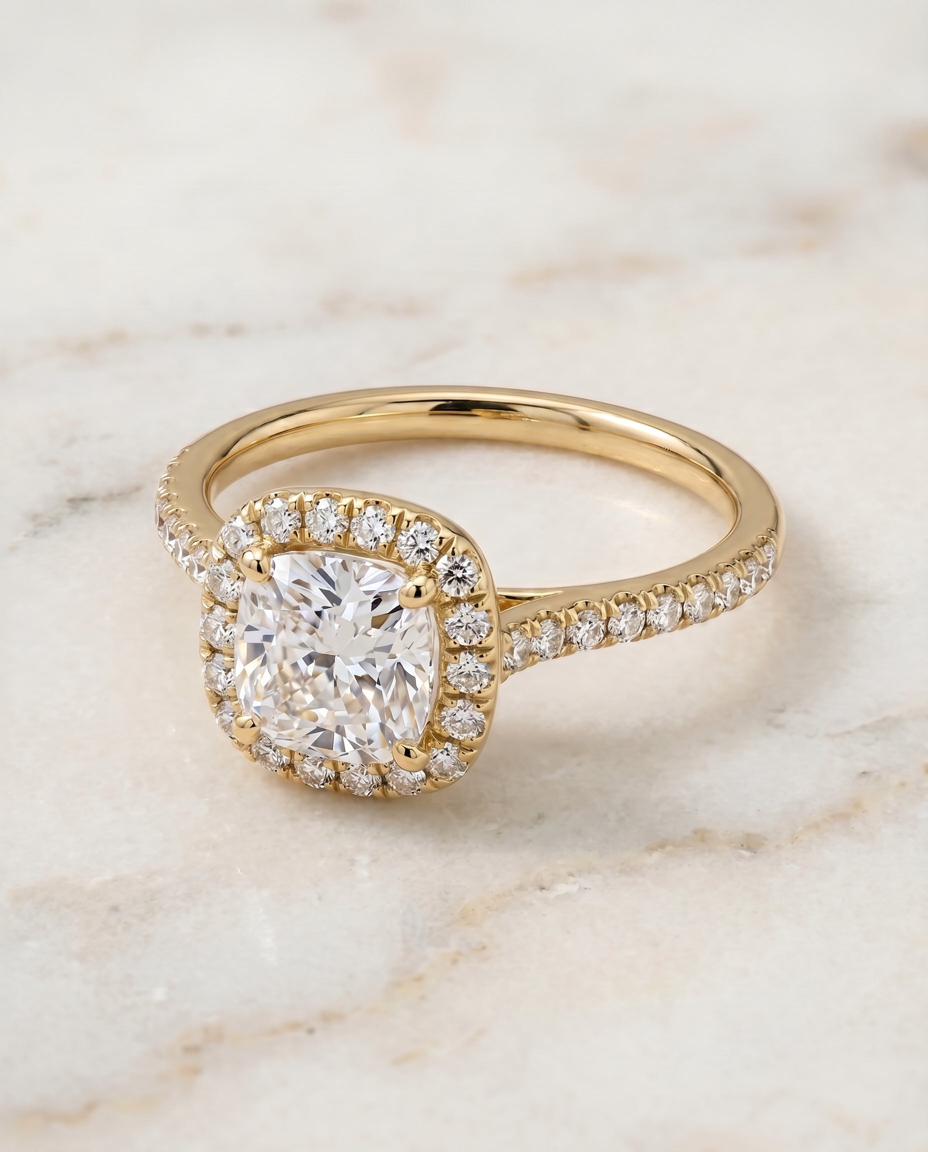Bianca Select Halo Cushion Cut Lab Diamond Engagement Ring in 18K Yellow Gold, shown on hand, angled | RockHer