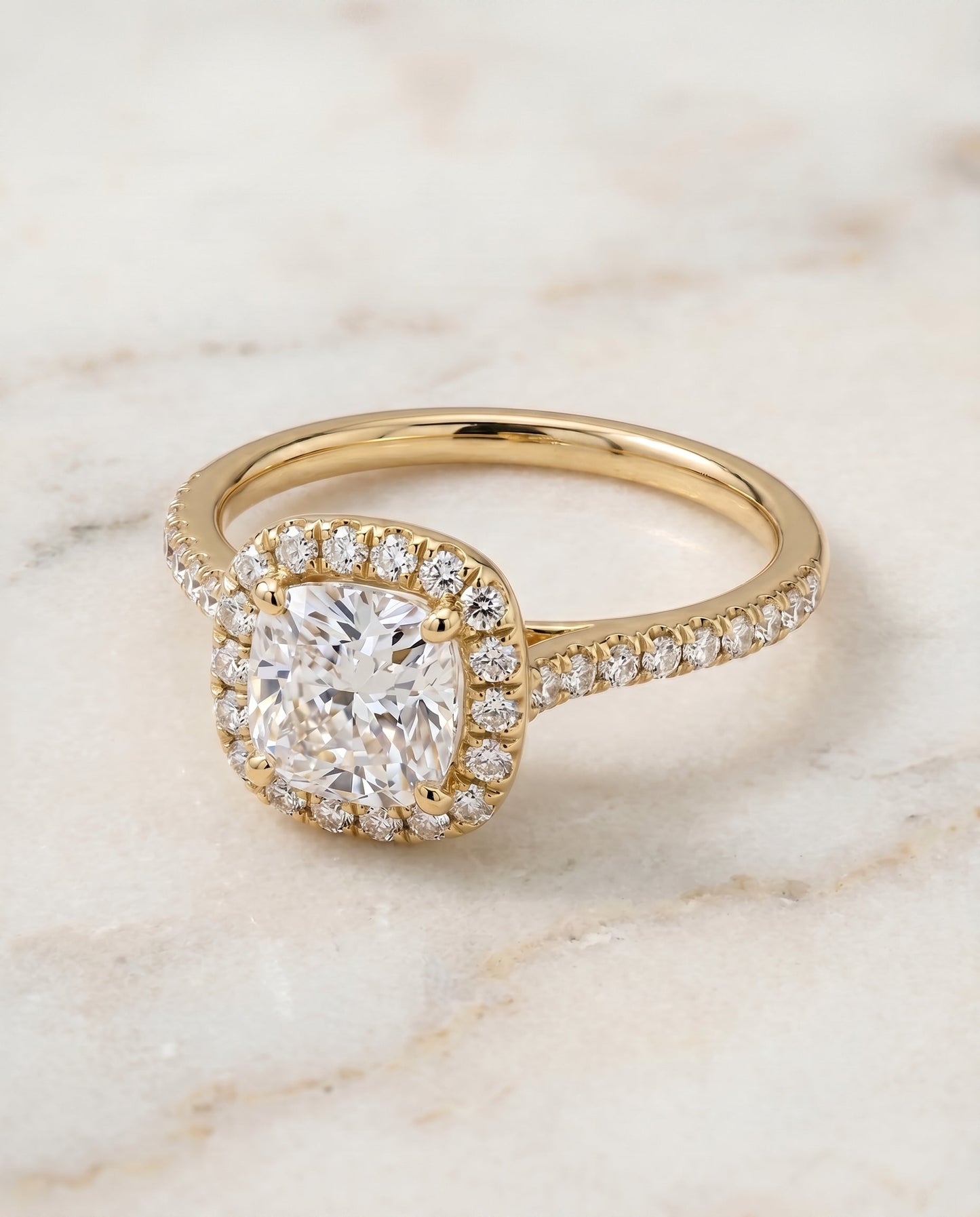 Bianca Select Halo Cushion Cut Lab Diamond Engagement Ring in 18K Yellow Gold, shown on hand, angled | RockHer