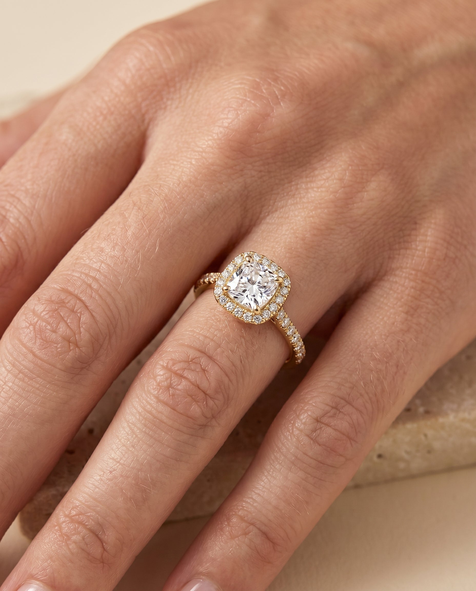 The Bianca engagement ring setting in 18K Yellow Gold, classic prong halo cut design | RockHer
