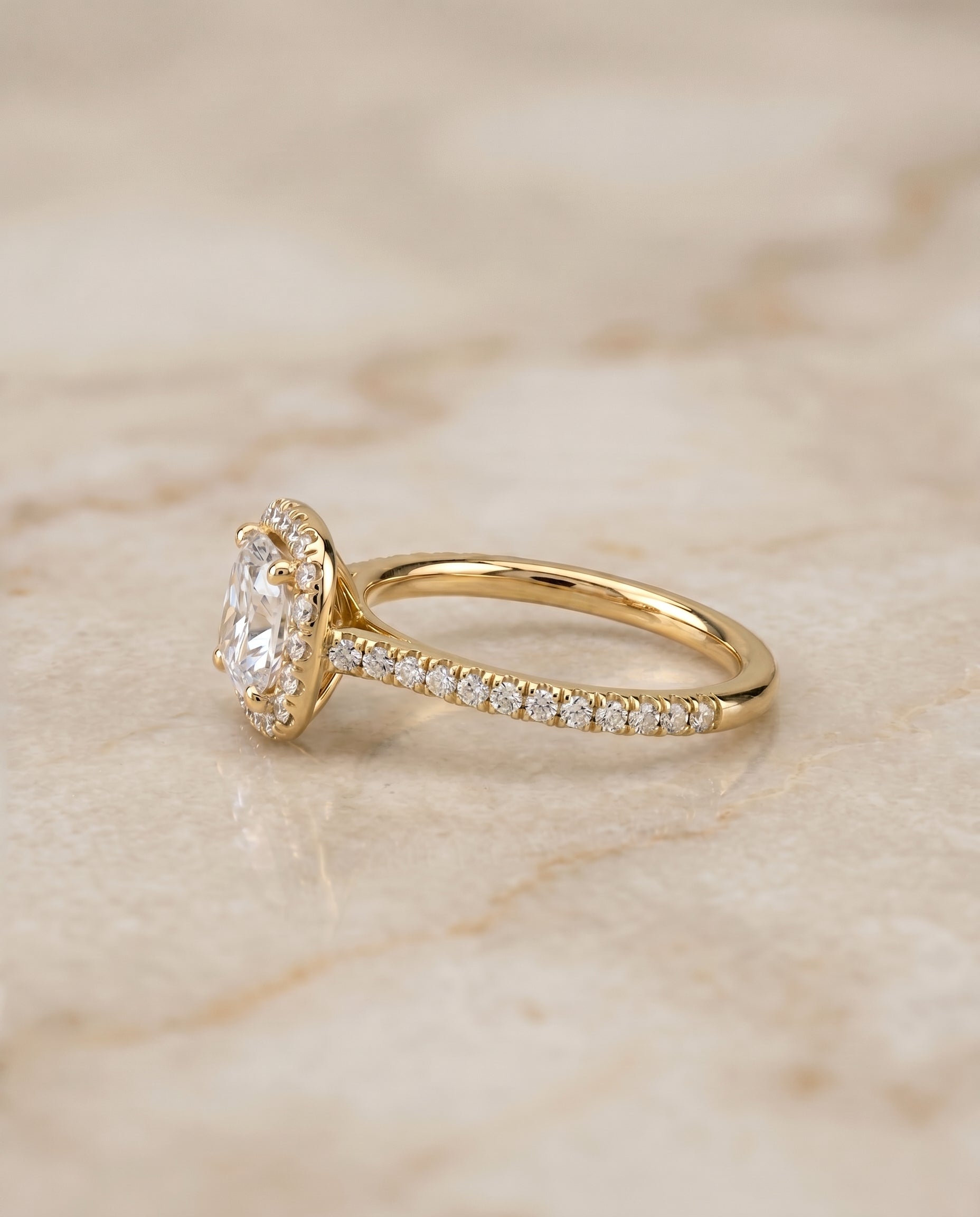 The Bianca setting for cushion diamonds, made to order in 18K Yellow Gold | RockHer