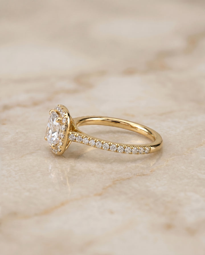 The Bianca Classic Prong Halo Cushion Cut Engagement Ring Setting in 18K Yellow Gold