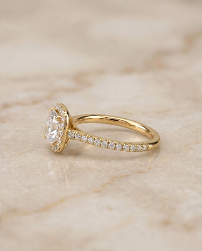 Bianca Select Halo Cushion Cut Lab Diamond Engagement Ring in 18K Yellow Gold, side view | RockHer