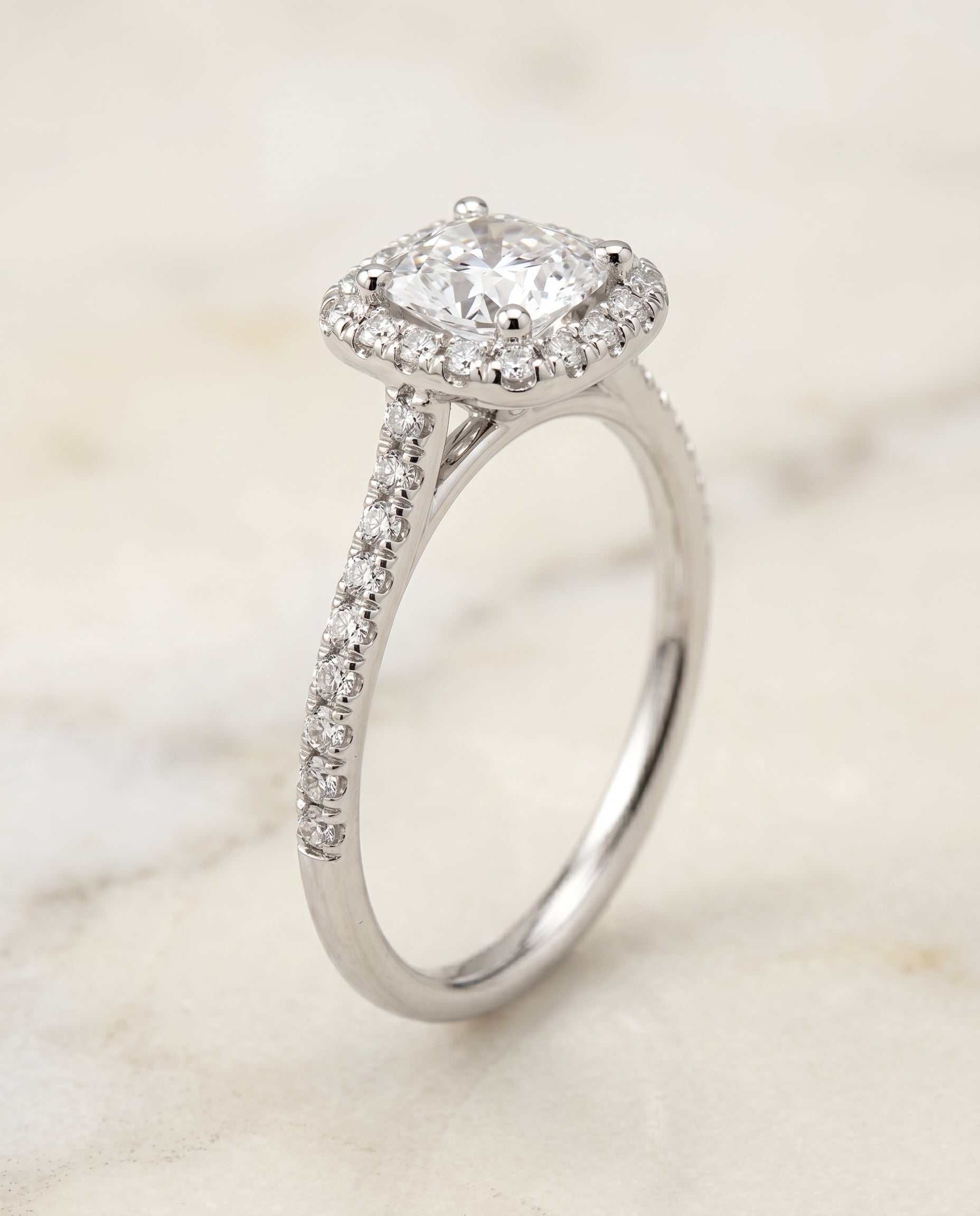 Classic Prong Halo Cut styling on The Bianca cushion engagement ring setting | RockHer