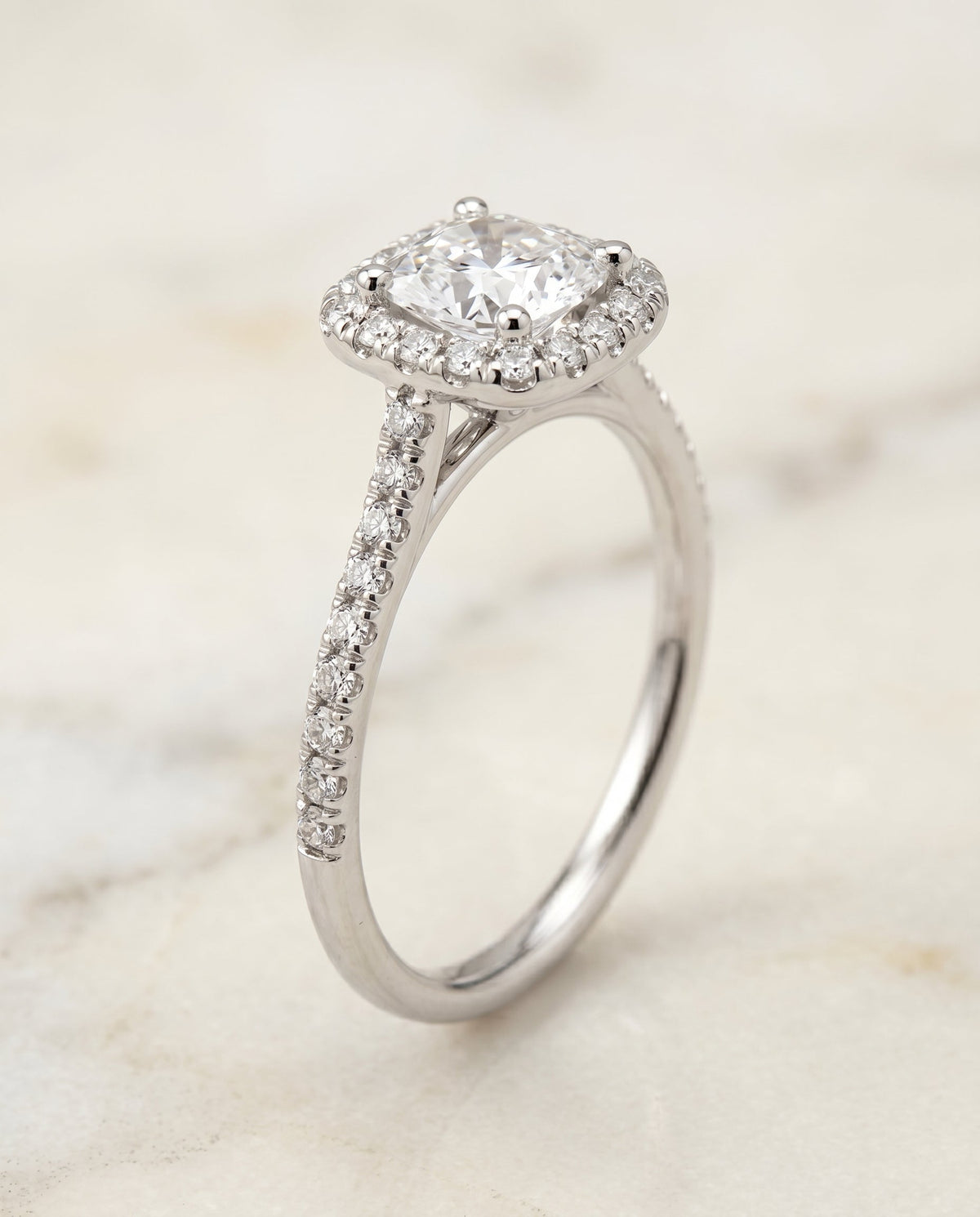 Bianca Select Halo Cushion Cut Lab Diamond Engagement Ring in Platinum, front view | RockHer