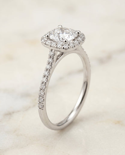 Bianca Select Halo Cushion Cut Lab Diamond Engagement Ring in Platinum, front view | RockHer