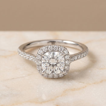 The Bianca Classic Prong Halo Cushion Cut Engagement Ring Setting in Platinum