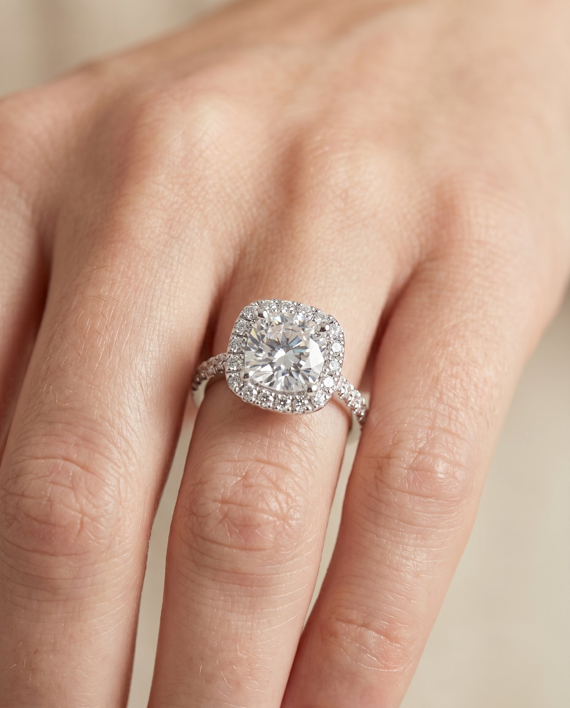 The Bianca engagement ring setting in Platinum, classic prong halo cut design | RockHer