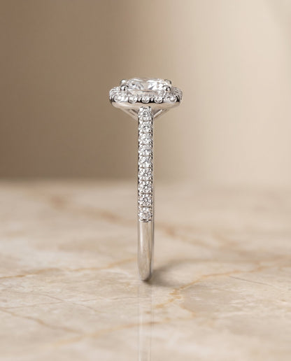 Bianca Select Halo Cushion Cut Lab Diamond Engagement Ring in 18K White Gold, side view | RockHer