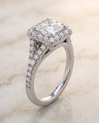 The Billie Prong Halo Split Shank Princess Cut Engagement Ring Setting in Platinum