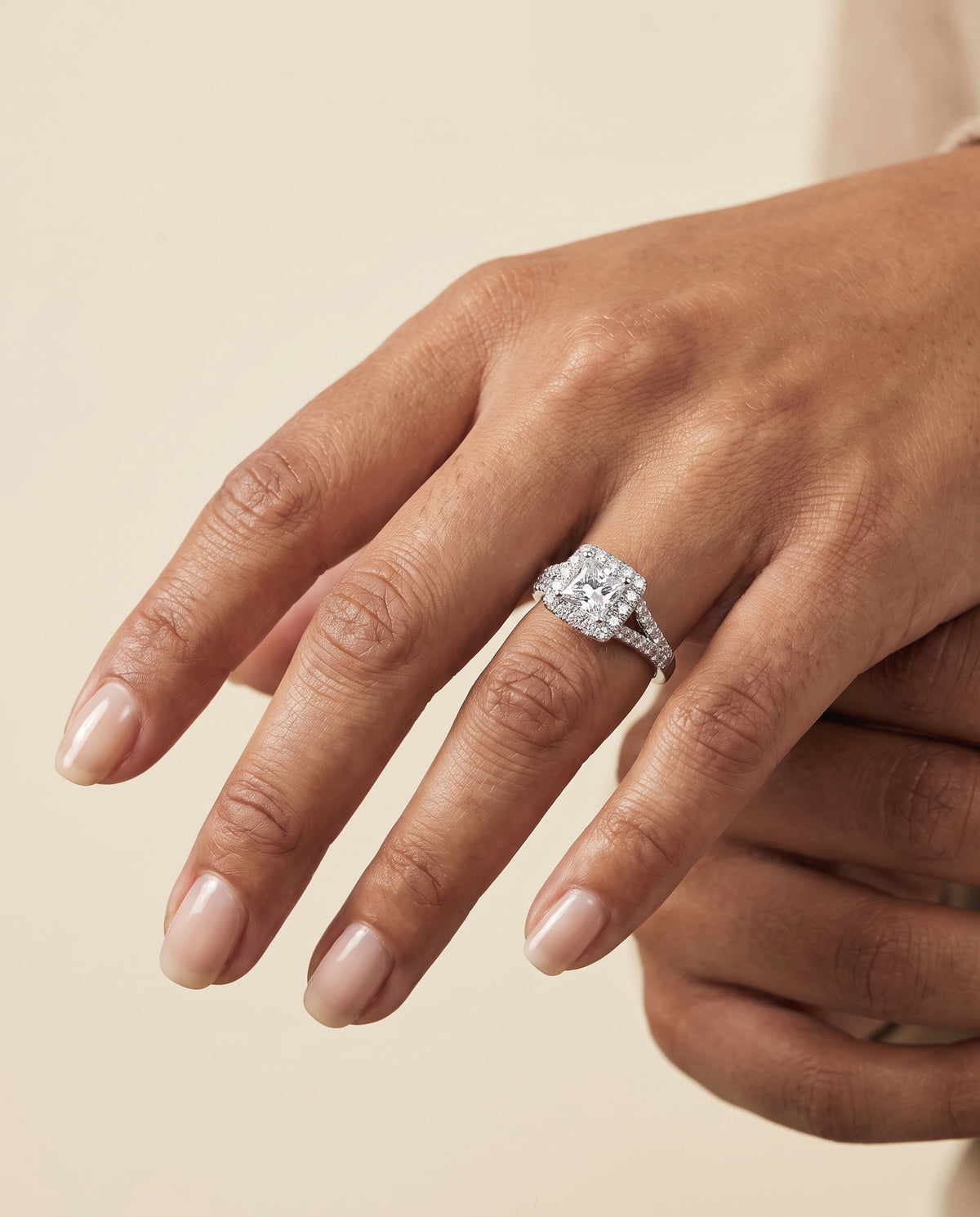 The Billie Prong Halo Split Shank Princess Cut Engagement Ring Setting in Platinum