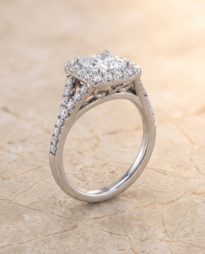 The Billie Prong Halo Split Shank Princess Cut Engagement Ring Setting in Platinum