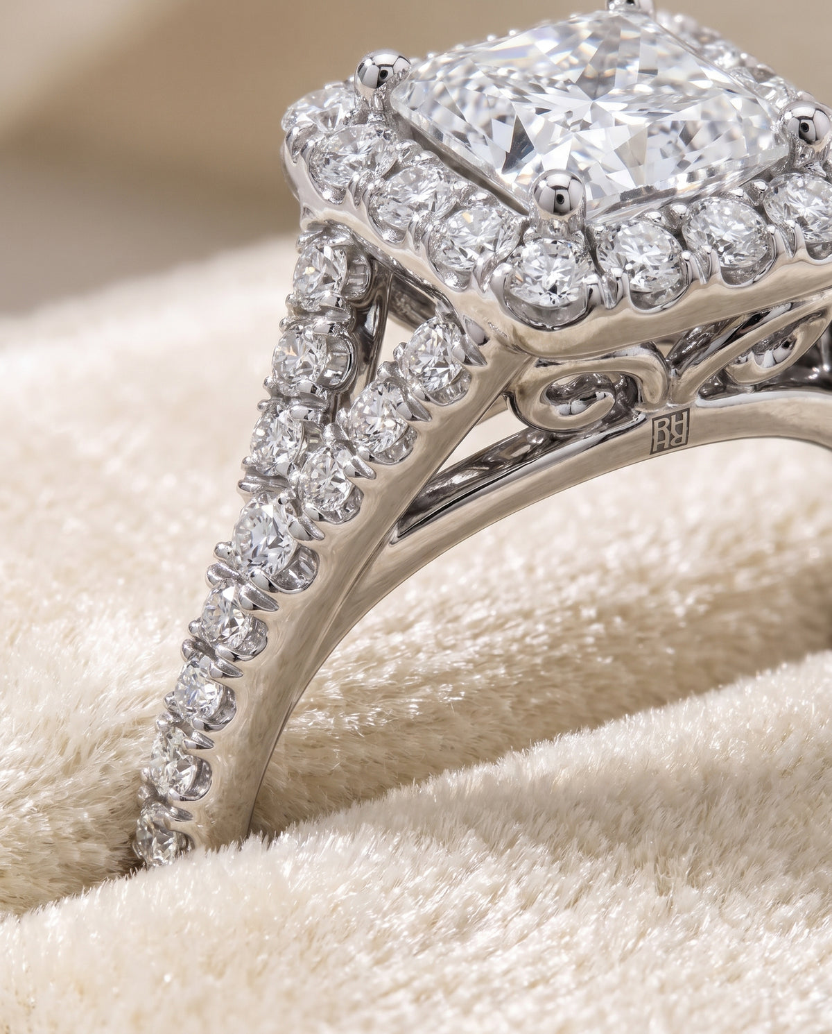 The Billie Prong Halo Split Shank Princess Cut Engagement Ring Setting in Platinum