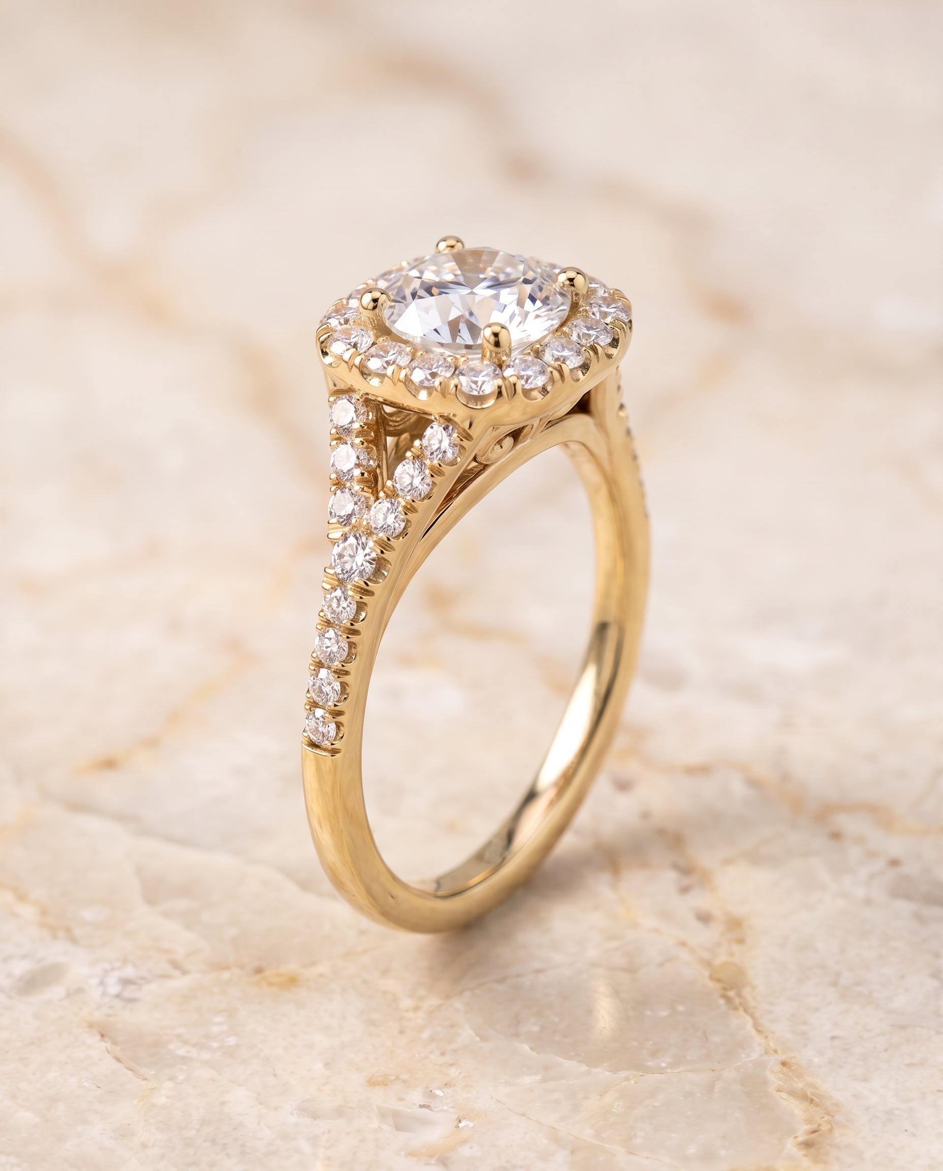 Prong Halo Split Shank styling on The Billie round engagement ring setting | RockHer