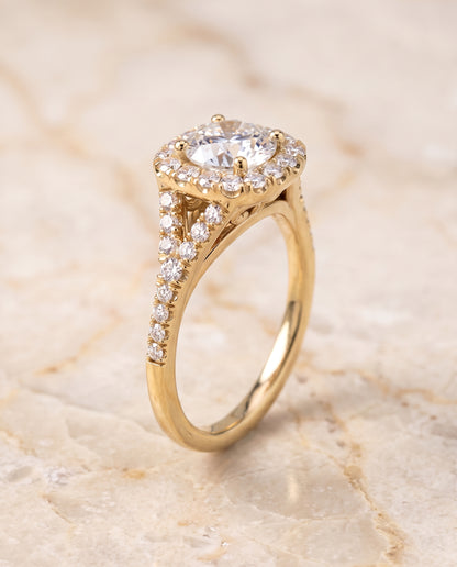 The Billie Prong Halo Split Shank Round Engagement Ring Setting in 18K Yellow Gold