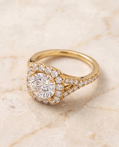 The Billie Prong Halo Split Shank Round Engagement Ring Setting in 18K Yellow Gold
