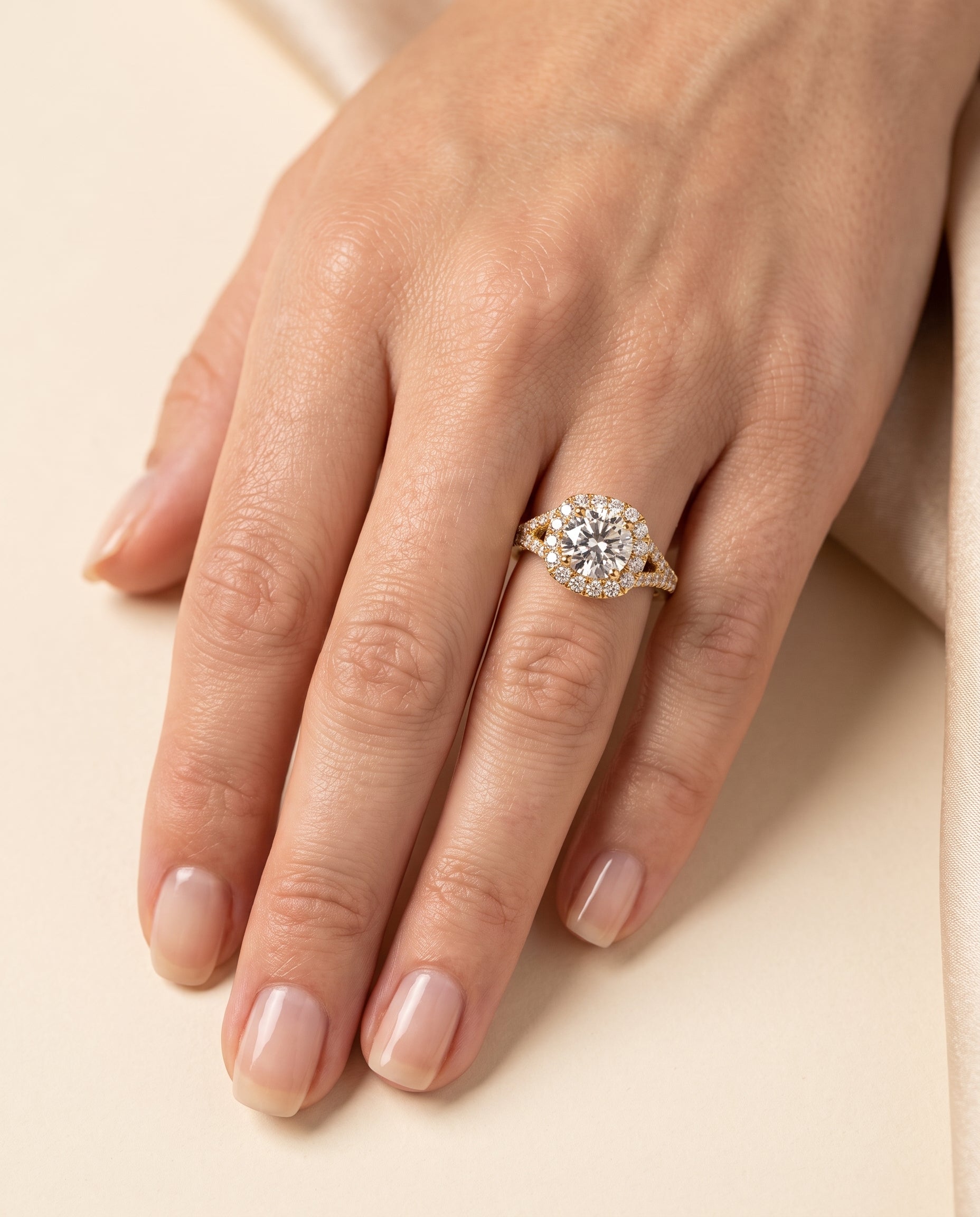 The Billie engagement ring setting in 18K Yellow Gold, prong halo split shank design | RockHer