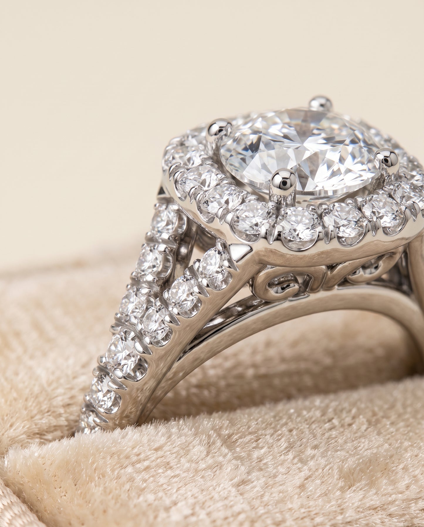 The Billie Prong Halo Split Shank Round Engagement Ring Setting in Platinum