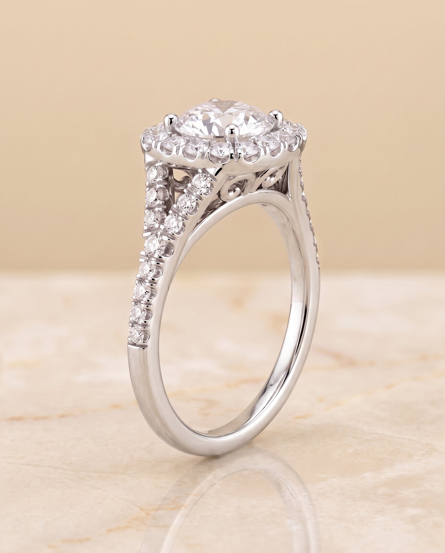 The Billie Prong Halo Split Shank Round Engagement Ring Setting in Platinum