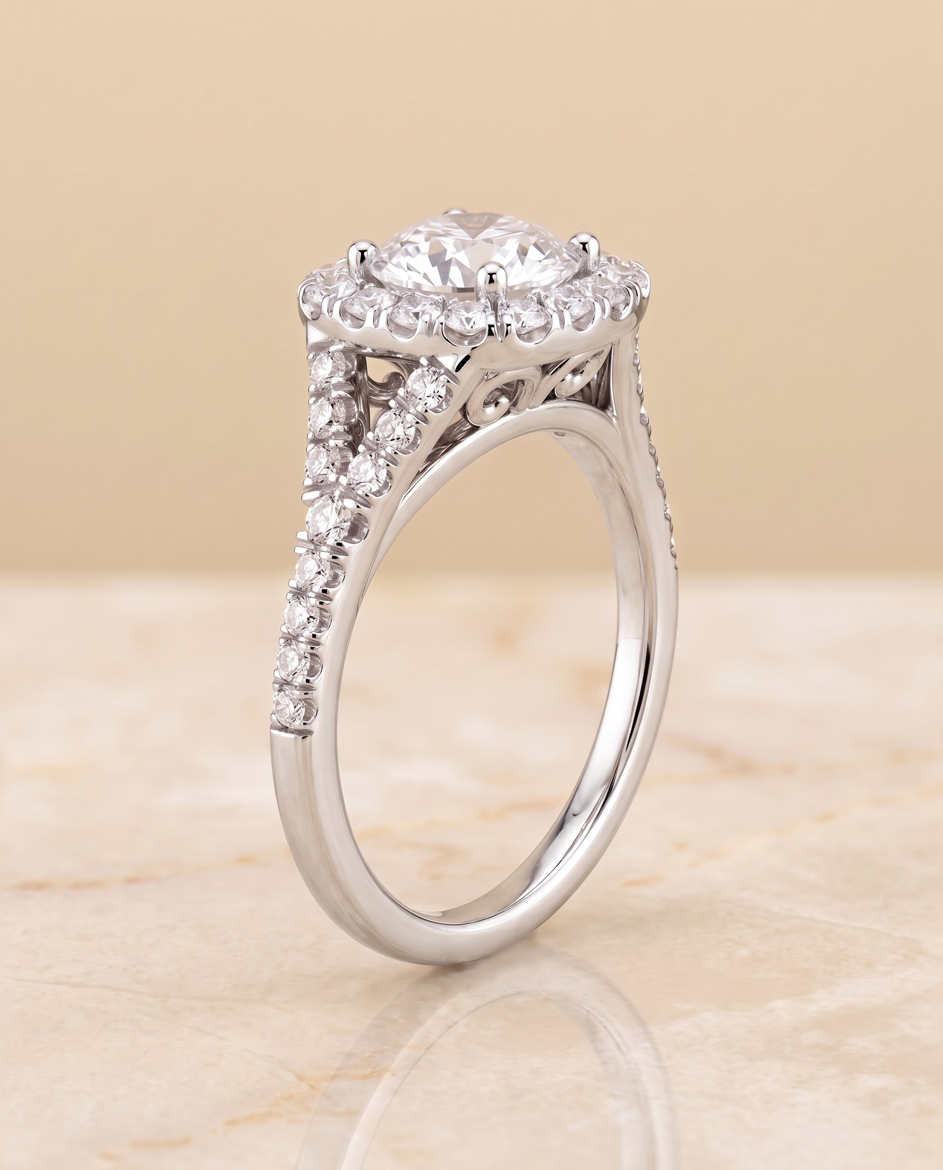 The Billie Prong Halo Split Shank Round Engagement Ring Setting in Platinum