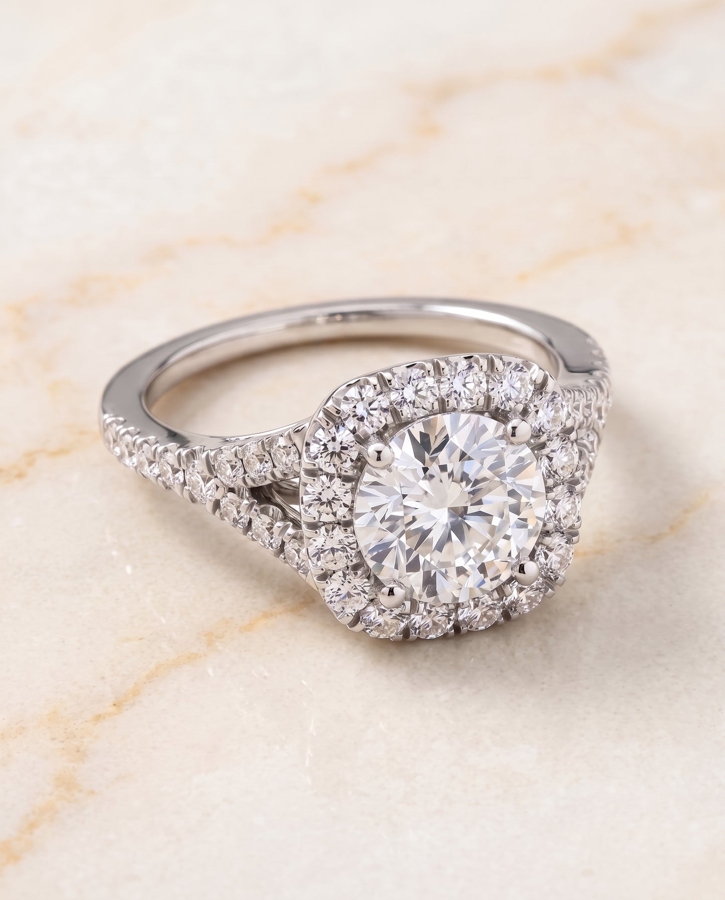 The Billie Prong Halo Split Shank Round Engagement Ring Setting in Platinum