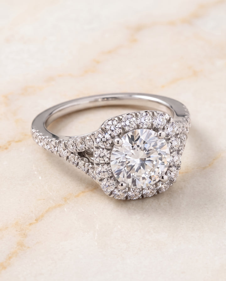 The Billie Prong Halo Split Shank Round Engagement Ring Setting in Platinum