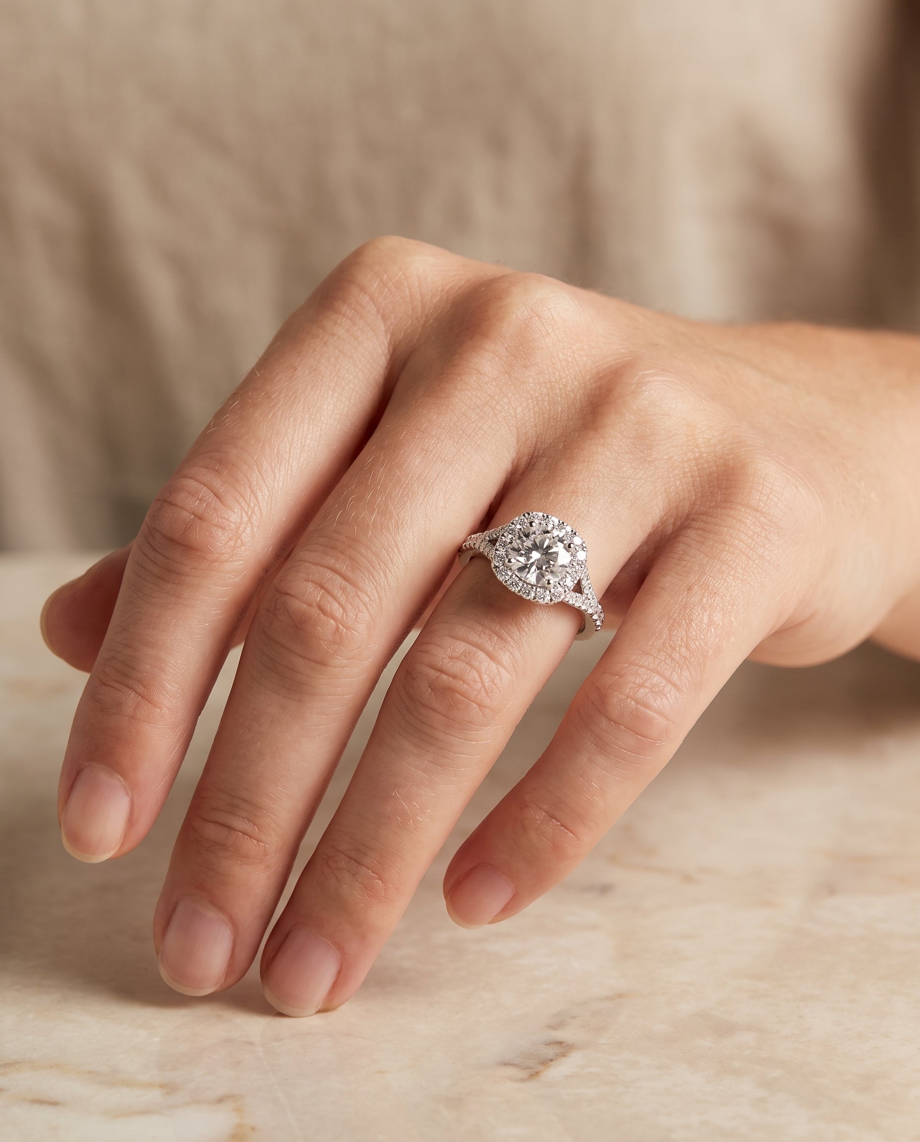 The Billie Prong Halo Split Shank Round Engagement Ring Setting in Platinum