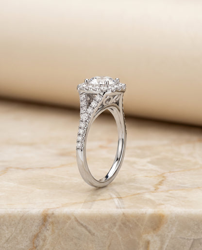 The Billie Prong Halo Split Shank Round Engagement Ring Setting in Platinum