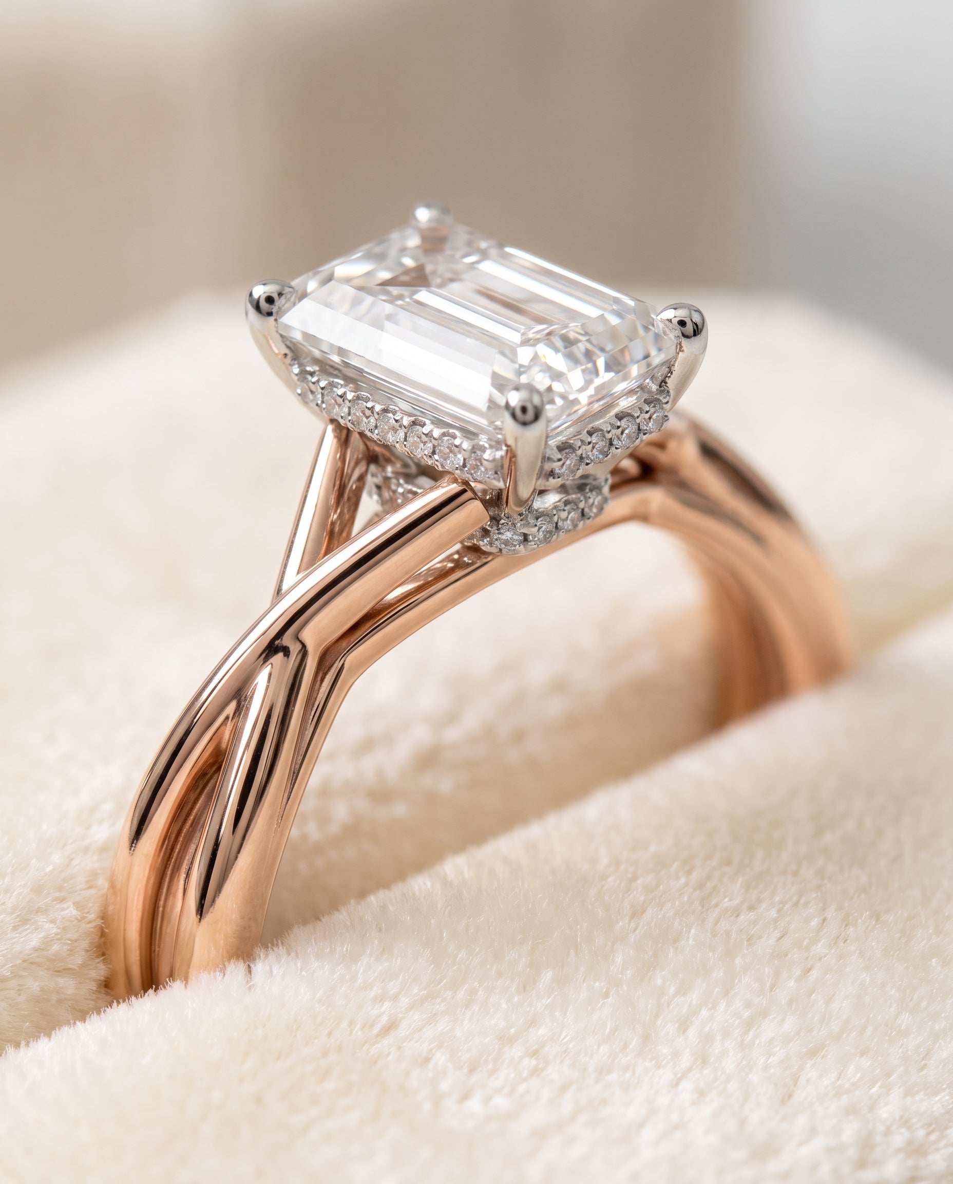 14K Rose Gold band of The Blondie emerald engagement ring setting | RockHer